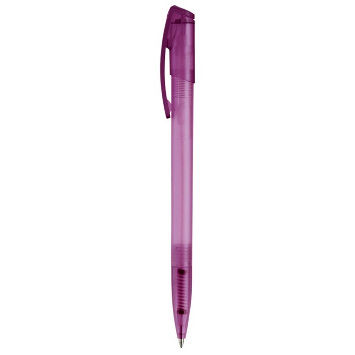 Bolígrafo de plástico transparente de colores con clip arqueado color morado cuarta vista Bolígrafo de plástico transparente de colores con clip arqueado color morado cuarta vista