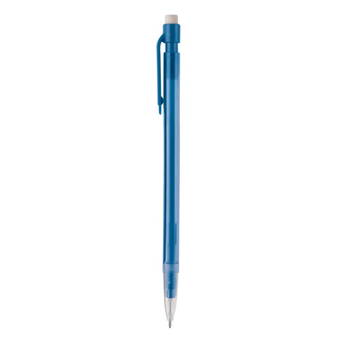 Portaminas en varios colores con pulsador y goma blanca color azul transparente tercera vista Portaminas en varios colores con pulsador y goma blanca color azul transparente tercera vista