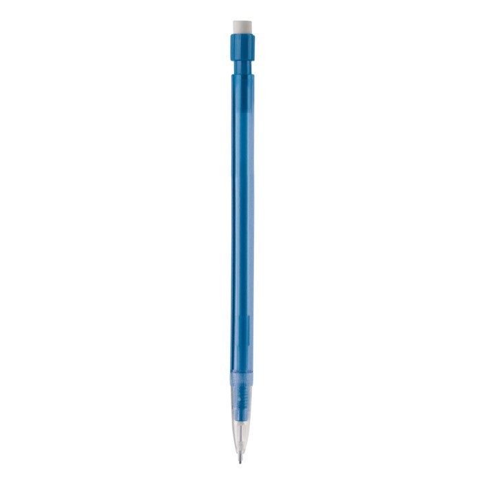 Portaminas en varios colores con pulsador y goma blanca color azul transparente cuarta vista Portaminas en varios colores con pulsador y goma blanca color azul transparente cuarta vista