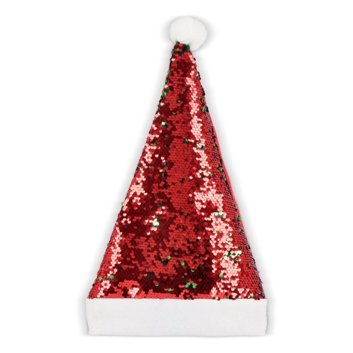 Original gorro de Papá Noel hecho de lentejuelas bicolores color rojo tercera vista