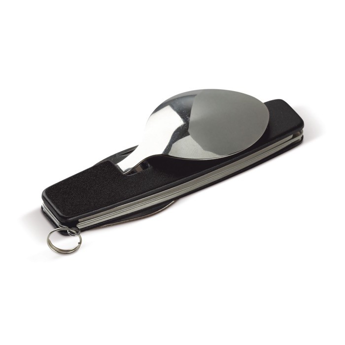 Cuchillo, tenedor, cuchara y abrebotellas cuatro en uno color negro cuarta vista Cuchillo, tenedor, cuchara y abrebotellas cuatro en uno color negro cuarta vista