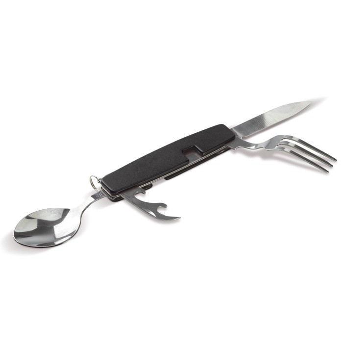 Cuchillo, tenedor, cuchara y abrebotellas cuatro en uno color negro sexta vista Cuchillo, tenedor, cuchara y abrebotellas cuatro en uno color negro sexta vista