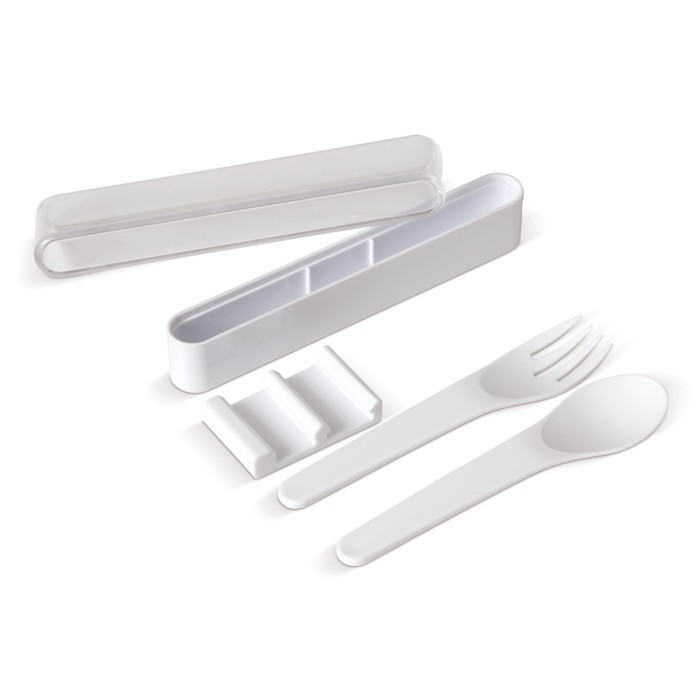 Caja transparente con un set de cubiertos blancos de plástico color blanco septima vista Caja transparente con un set de cubiertos blancos de plástico color blanco septima vista