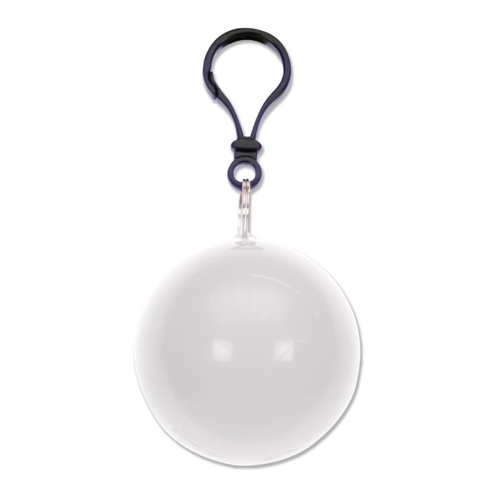 Poncho impermeable dentro de un llavero a colores con mosquetón color blanco