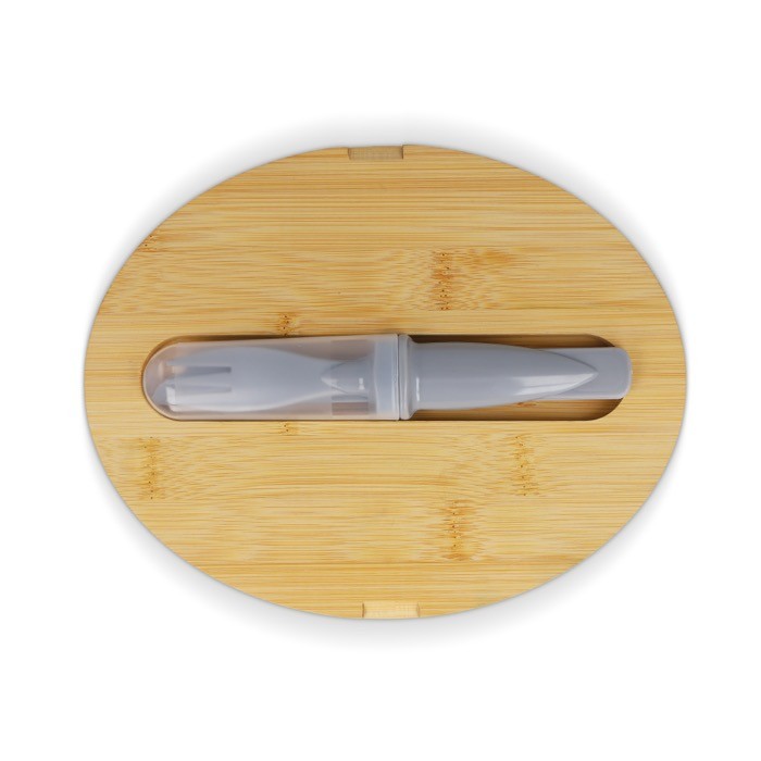 Fiambrera con tapa de bambú y juego de cubiertos con cierre elástico color gris segunda vista Fiambrera con tapa de bambú y juego de cubiertos con cierre elástico color gris segunda vista