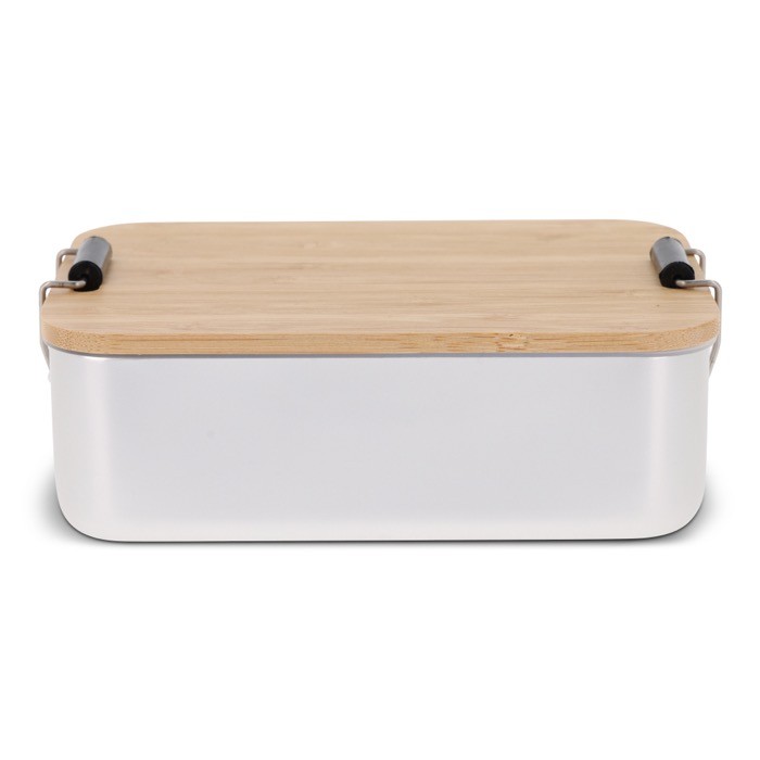 Fiambrera de aluminio con tapa de bambú y cierre metálico color plateado tercera vista