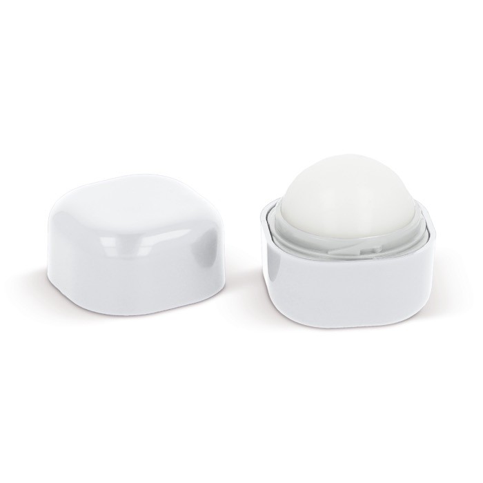 Protector labial con protector solar dentro de un cubo giratorio color blanco segunda vista