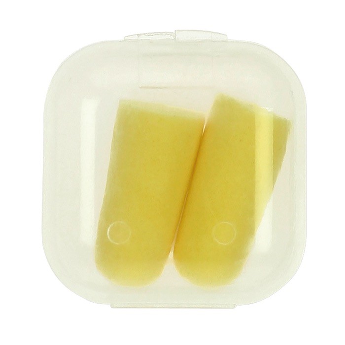 Estuche transparente cuadrado con tapones para las orejas color amarillo