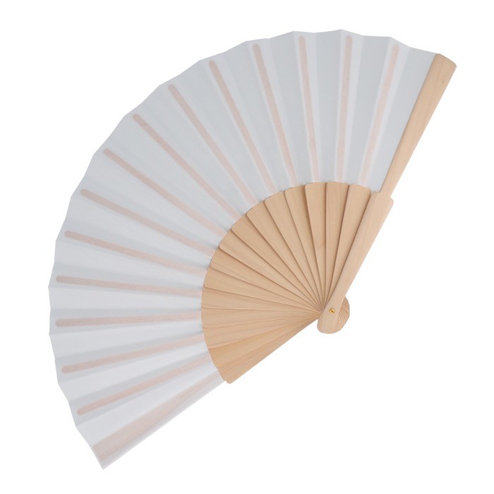Abanico de RPET en colores con mango de madera personalizable color blanco