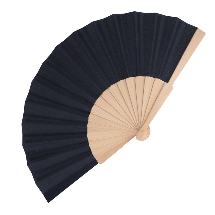 Abanico de RPET en colores con mango de madera personalizable color azul oscuro