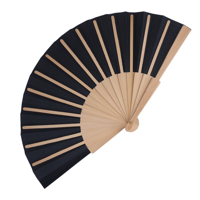 Abanico de RPET en colores con mango de madera personalizable color azul oscuro segunda vista