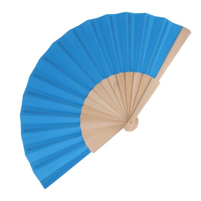 Abanico de RPET en colores con mango de madera personalizable color azul claro