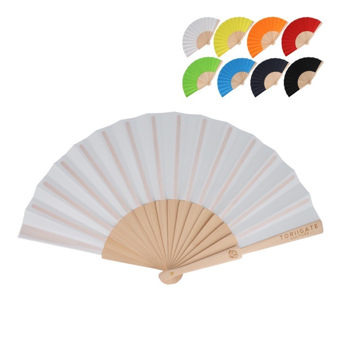 Abanico de RPET en colores con mango de madera personalizable