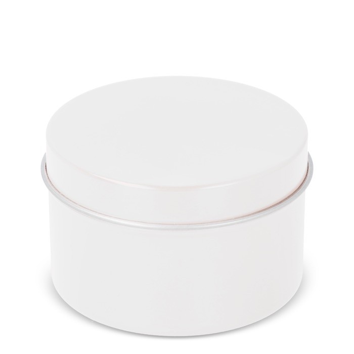 Vela de cera vegetal en tarro monocromático de acero reciclado circular color blanco Vela de cera vegetal en tarro monocromático de acero reciclado circular color blanco