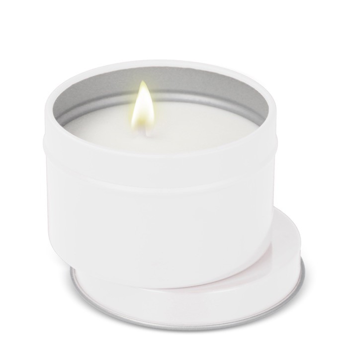 Vela de cera vegetal en tarro monocromático de acero reciclado circular color blanco segunda vista Vela de cera vegetal en tarro monocromático de acero reciclado circular color blanco segunda vista