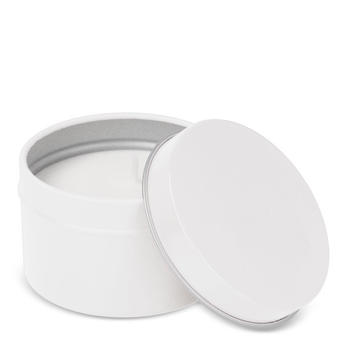 Vela de cera vegetal en tarro monocromático de acero reciclado circular color blanco tercera vista Vela de cera vegetal en tarro monocromático de acero reciclado circular color blanco tercera vista