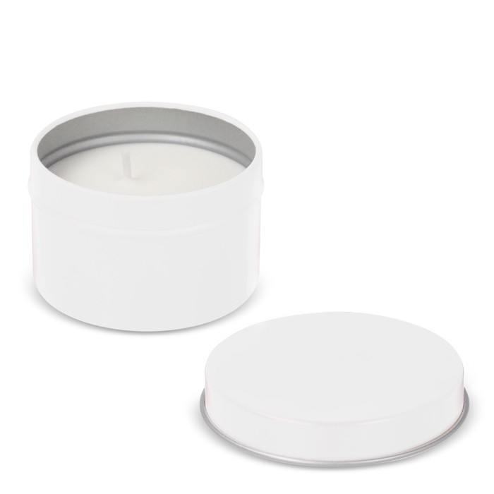 Vela de cera vegetal en tarro monocromático de acero reciclado circular color blanco quinta vista Vela de cera vegetal en tarro monocromático de acero reciclado circular color blanco quinta vista