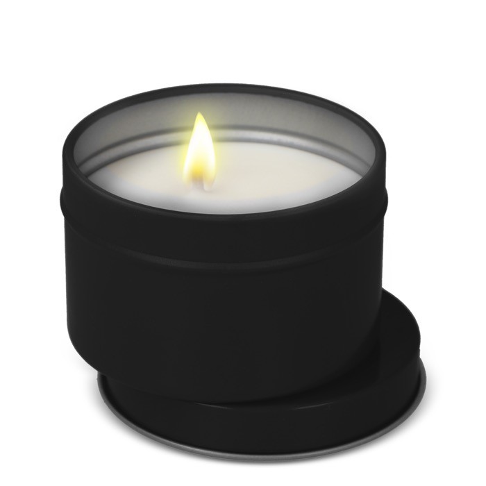 Vela de cera vegetal en tarro monocromático de acero reciclado circular color negro segunda vista Vela de cera vegetal en tarro monocromático de acero reciclado circular color negro segunda vista