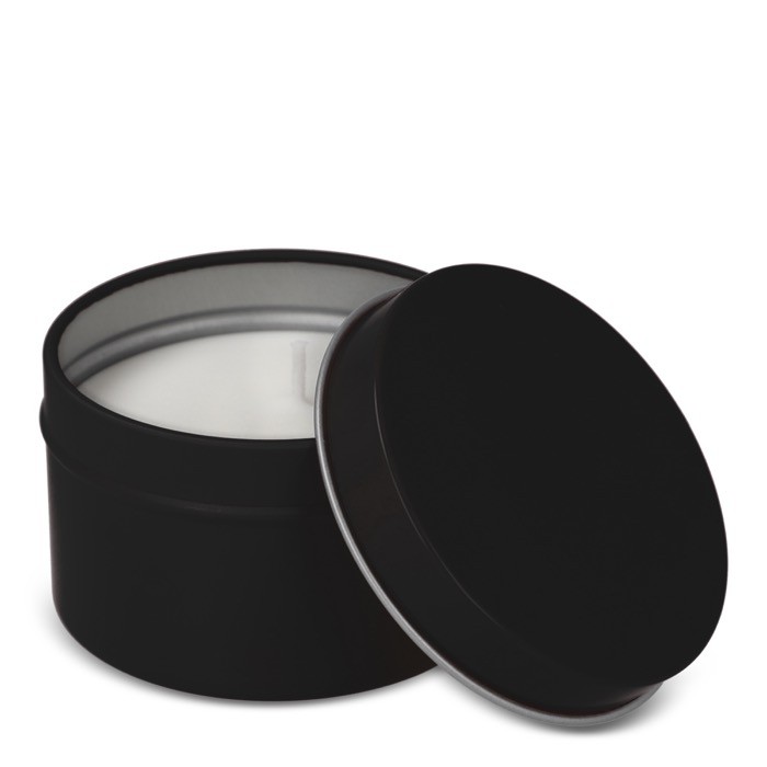 Vela de cera vegetal en tarro monocromático de acero reciclado circular color negro tercera vista Vela de cera vegetal en tarro monocromático de acero reciclado circular color negro tercera vista