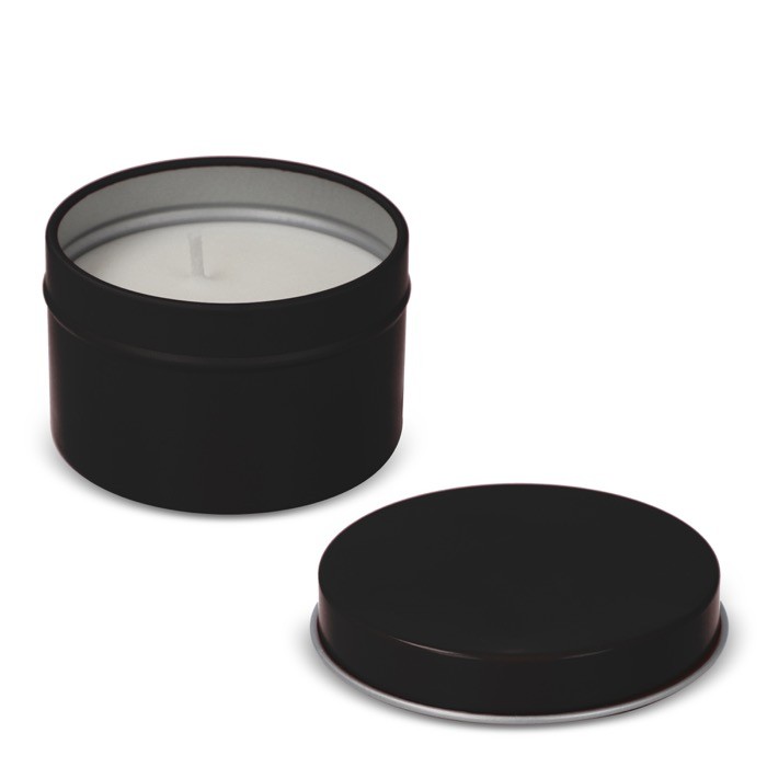 Vela de cera vegetal en tarro monocromático de acero reciclado circular color negro quinta vista Vela de cera vegetal en tarro monocromático de acero reciclado circular color negro quinta vista