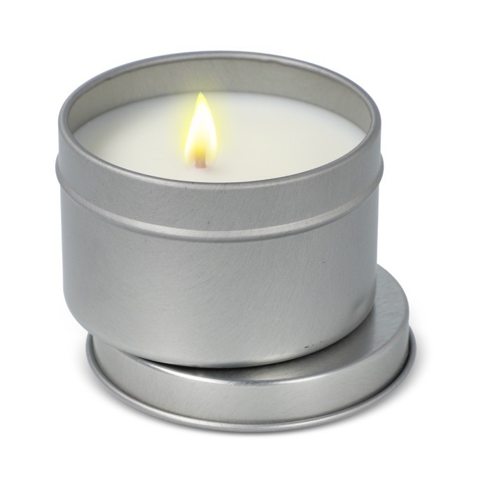 Vela de cera vegetal en tarro monocromático de acero reciclado circular color plateado segunda vista Vela de cera vegetal en tarro monocromático de acero reciclado circular color plateado segunda vista
