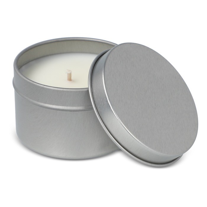 Vela de cera vegetal en tarro monocromático de acero reciclado circular color plateado tercera vista Vela de cera vegetal en tarro monocromático de acero reciclado circular color plateado tercera vista
