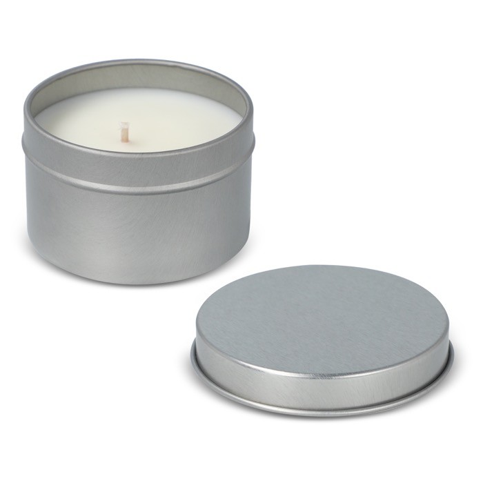 Vela de cera vegetal en tarro monocromático de acero reciclado circular color plateado quinta vista Vela de cera vegetal en tarro monocromático de acero reciclado circular color plateado quinta vista