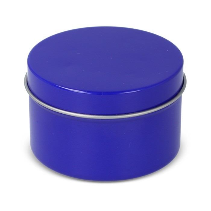 Vela de cera vegetal en tarro monocromático de acero reciclado circular color azul Vela de cera vegetal en tarro monocromático de acero reciclado circular color azul