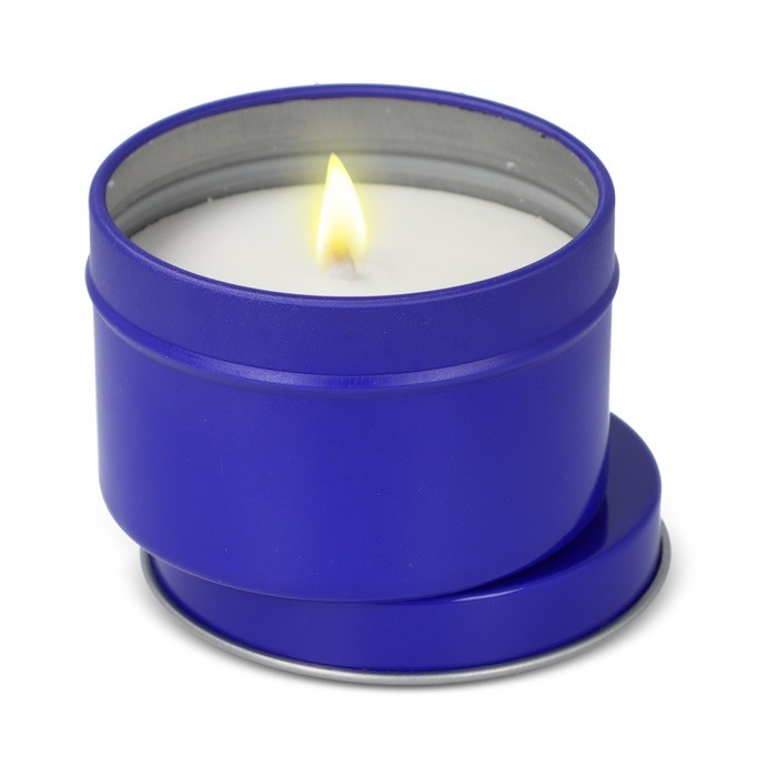 Vela de cera vegetal en tarro monocromático de acero reciclado circular color azul segunda vista Vela de cera vegetal en tarro monocromático de acero reciclado circular color azul segunda vista