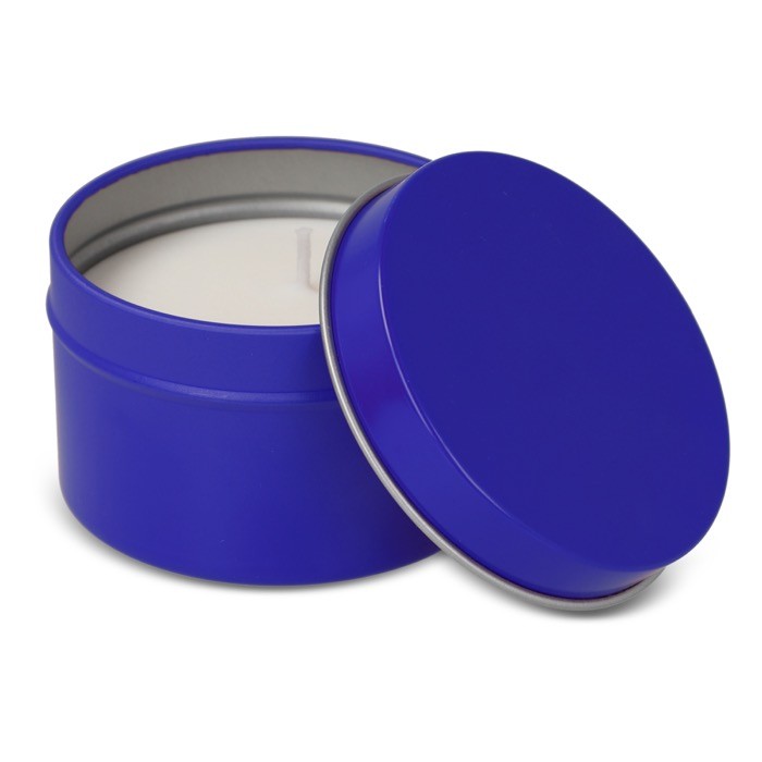 Vela de cera vegetal en tarro monocromático de acero reciclado circular color azul tercera vista Vela de cera vegetal en tarro monocromático de acero reciclado circular color azul tercera vista