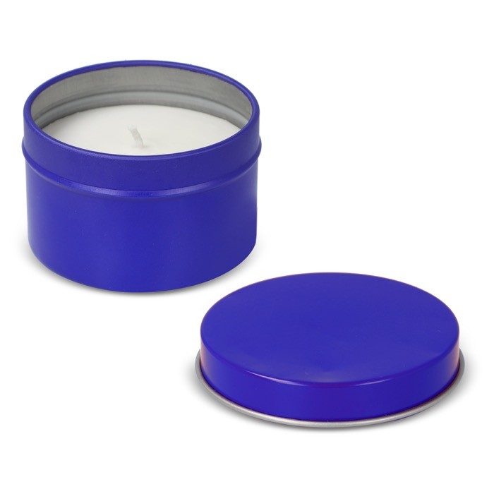 Vela de cera vegetal en tarro monocromático de acero reciclado circular color azul quinta vista Vela de cera vegetal en tarro monocromático de acero reciclado circular color azul quinta vista