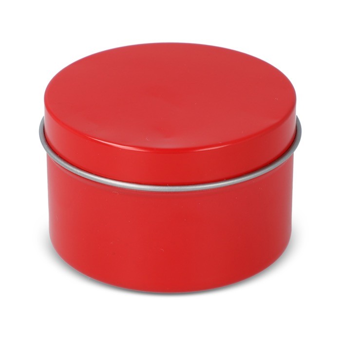 Vela de cera vegetal en tarro monocromático de acero reciclado circular color rojo Vela de cera vegetal en tarro monocromático de acero reciclado circular color rojo