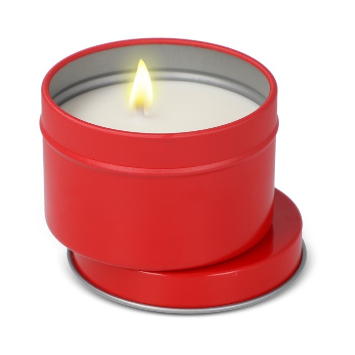 Vela de cera vegetal en tarro monocromático de acero reciclado circular color rojo segunda vista Vela de cera vegetal en tarro monocromático de acero reciclado circular color rojo segunda vista