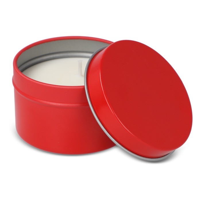 Vela de cera vegetal en tarro monocromático de acero reciclado circular color rojo tercera vista Vela de cera vegetal en tarro monocromático de acero reciclado circular color rojo tercera vista