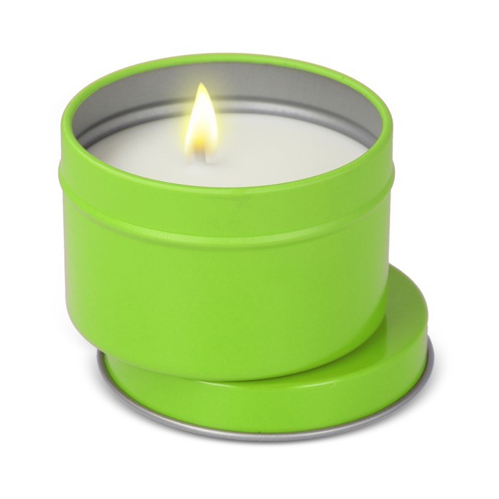 Vela de cera vegetal en tarro monocromático de acero reciclado circular color verde lima segunda vista Vela de cera vegetal en tarro monocromático de acero reciclado circular color verde lima segunda vista