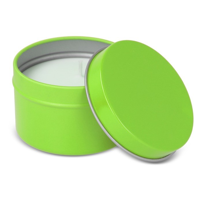 Vela de cera vegetal en tarro monocromático de acero reciclado circular color verde lima tercera vista Vela de cera vegetal en tarro monocromático de acero reciclado circular color verde lima tercera vista