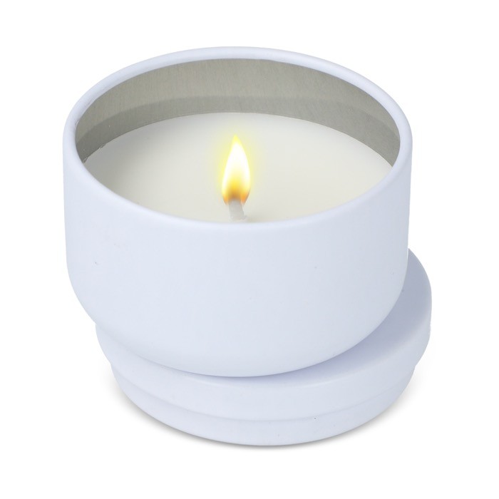 Vela de cera vegetal en tarro de acero reciclado circular color blanco segunda vista Vela de cera vegetal en tarro de acero reciclado circular color blanco segunda vista