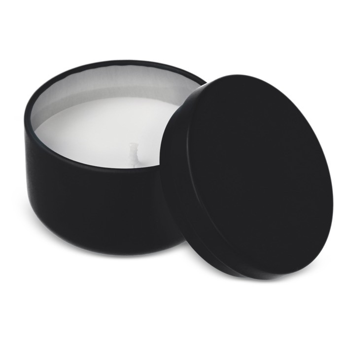 Vela de cera vegetal en tarro de acero reciclado circular color negro tercera vista Vela de cera vegetal en tarro de acero reciclado circular color negro tercera vista