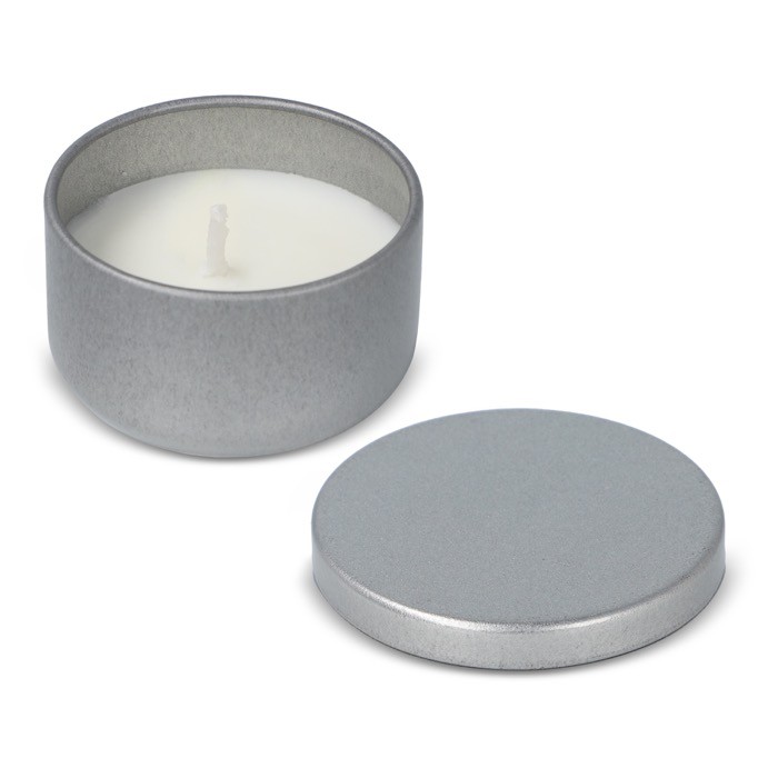 Vela de cera vegetal en tarro de acero reciclado circular color plateado quinta vista Vela de cera vegetal en tarro de acero reciclado circular color plateado quinta vista