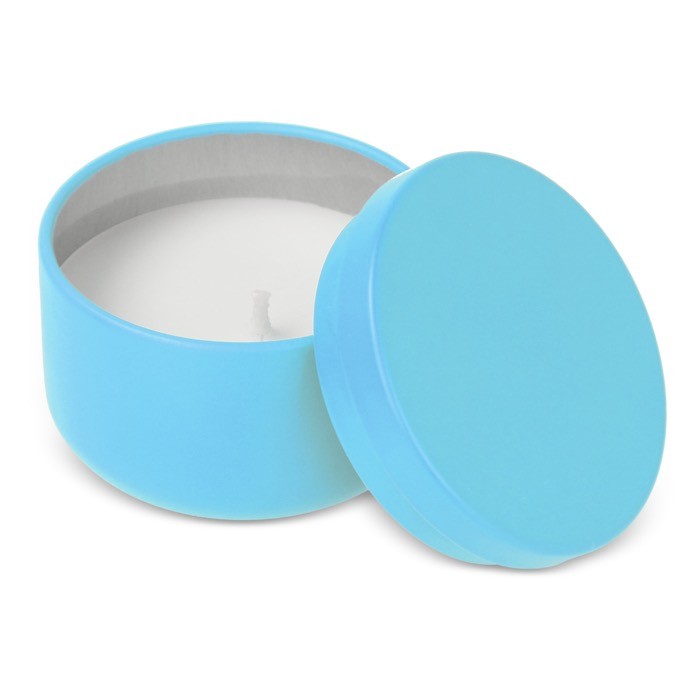 Vela de cera vegetal en tarro de acero reciclado circular color azul claro tercera vista Vela de cera vegetal en tarro de acero reciclado circular color azul claro tercera vista