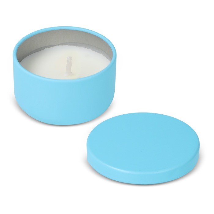 Vela de cera vegetal en tarro de acero reciclado circular color azul claro quinta vista Vela de cera vegetal en tarro de acero reciclado circular color azul claro quinta vista