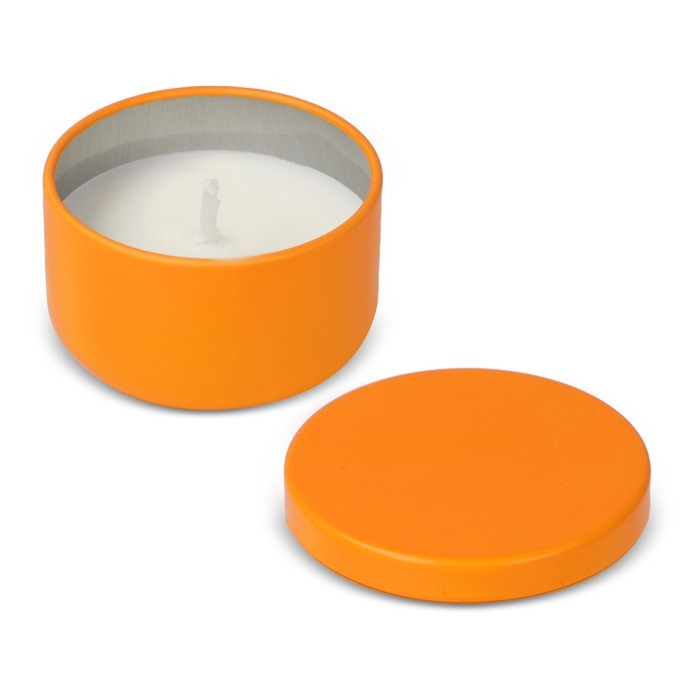 Vela de cera vegetal en tarro de acero reciclado circular color naranja quinta vista Vela de cera vegetal en tarro de acero reciclado circular color naranja quinta vista