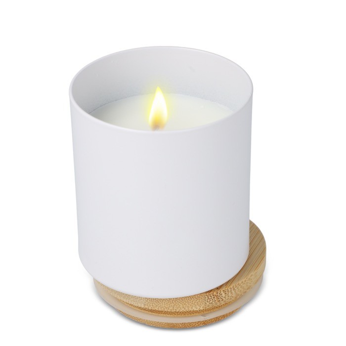 Vela de cera vegetal en tarro de aluminio reciclado metalizado color blanco segunda vista Vela de cera vegetal en tarro de aluminio reciclado metalizado color blanco segunda vista