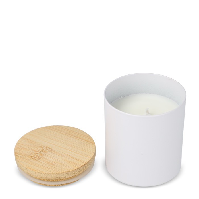 Vela de cera vegetal en tarro de aluminio reciclado metalizado color blanco quinta vista Vela de cera vegetal en tarro de aluminio reciclado metalizado color blanco quinta vista