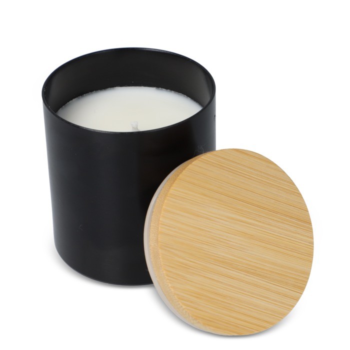 Vela de cera vegetal en tarro de aluminio reciclado metalizado color negro tercera vista Vela de cera vegetal en tarro de aluminio reciclado metalizado color negro tercera vista