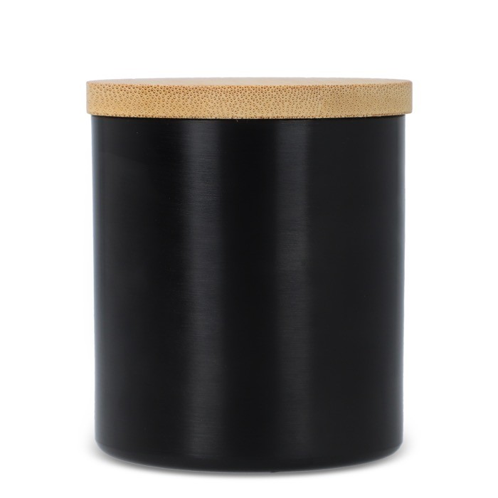 Vela de cera vegetal en tarro de aluminio reciclado metalizado color negro cuarta vista Vela de cera vegetal en tarro de aluminio reciclado metalizado color negro cuarta vista