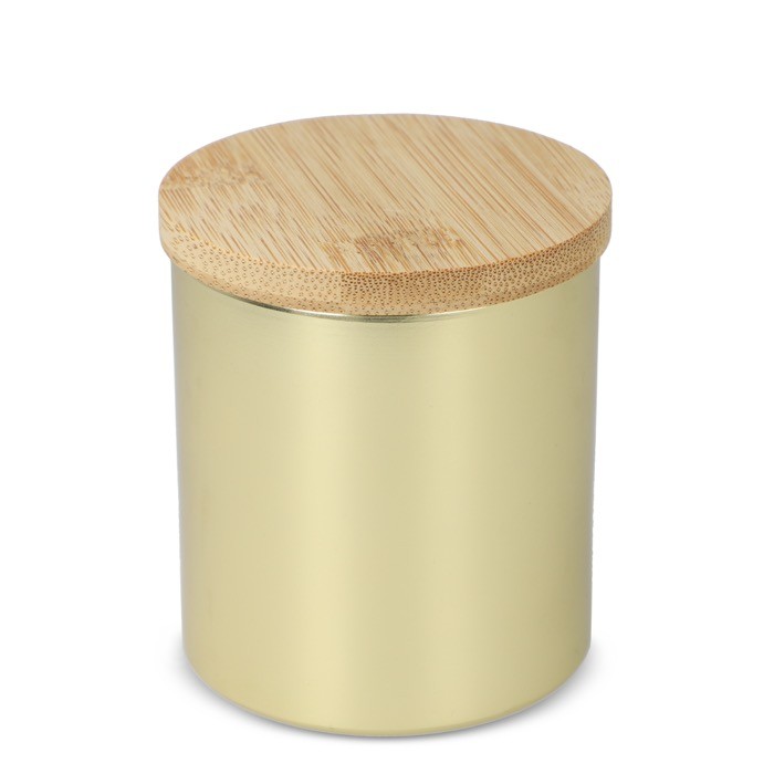 Vela de cera vegetal en tarro de aluminio reciclado metalizado color dorado Vela de cera vegetal en tarro de aluminio reciclado metalizado color dorado