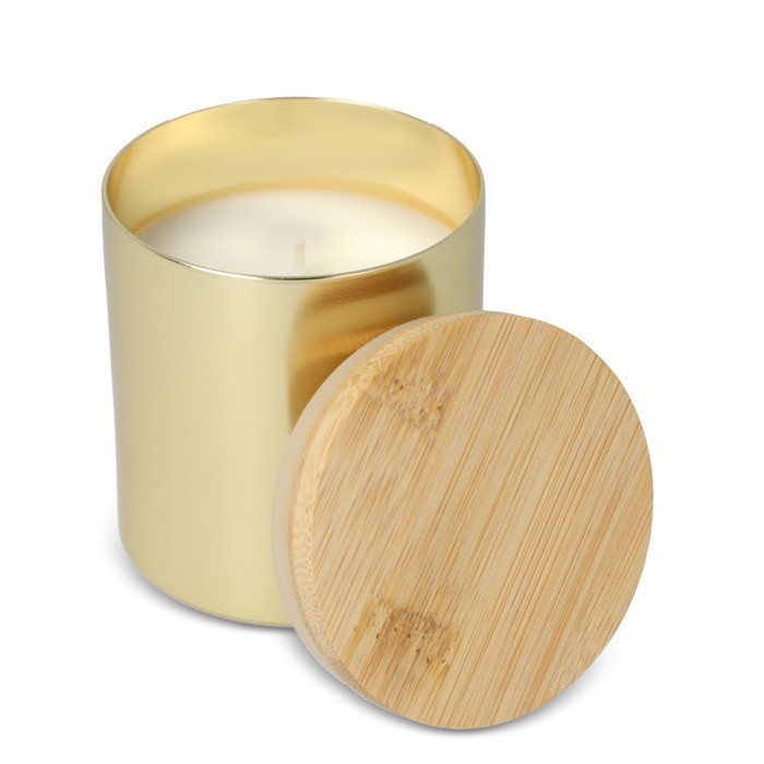 Vela de cera vegetal en tarro de aluminio reciclado metalizado color dorado tercera vista Vela de cera vegetal en tarro de aluminio reciclado metalizado color dorado tercera vista