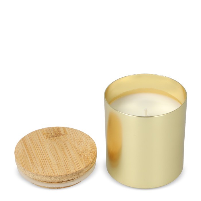 Vela de cera vegetal en tarro de aluminio reciclado metalizado color dorado quinta vista Vela de cera vegetal en tarro de aluminio reciclado metalizado color dorado quinta vista