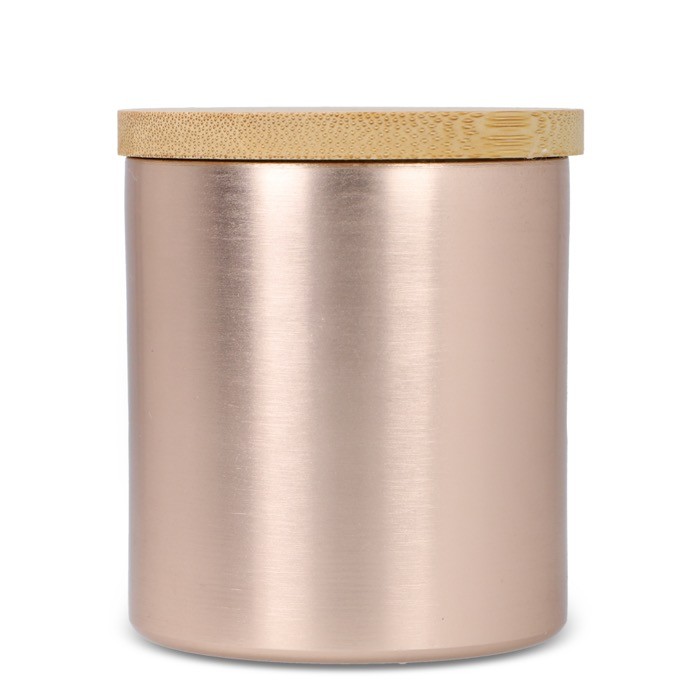 Vela de cera vegetal en tarro de aluminio reciclado metalizado color oro rosa cuarta vista Vela de cera vegetal en tarro de aluminio reciclado metalizado color oro rosa cuarta vista
